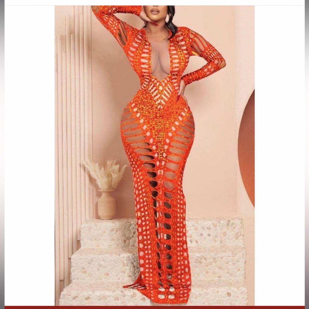 SEE VIDEO. Cut out Dress, orange dress, rhinestones dress, sexy dress.
